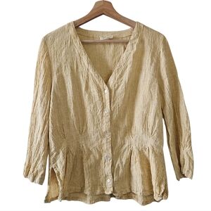 Poetry Linen Blend Yellow V-neckline Womens Blouse Size US 8 Button Front Top